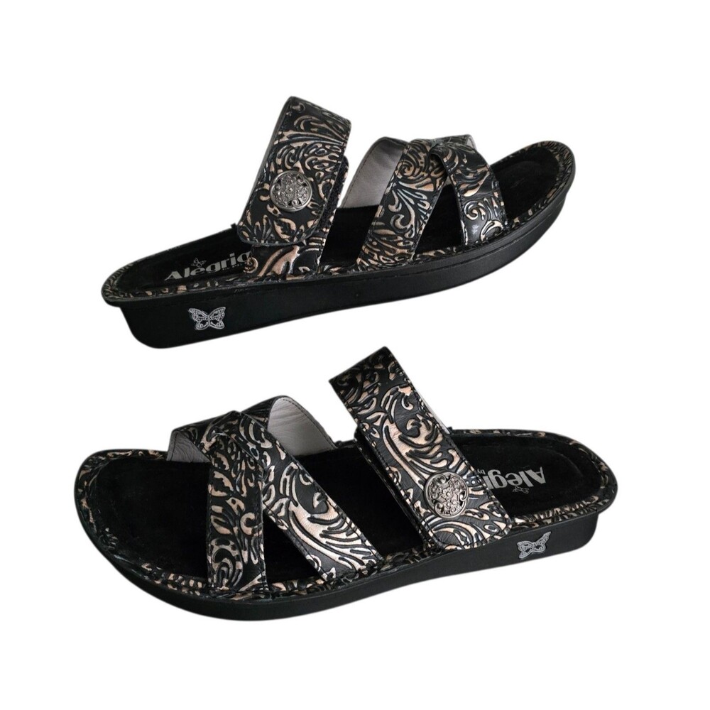 Alegria Victoriah Leather Sandals Womens US 10.5 - 11 Embossed Black Gold EU 41